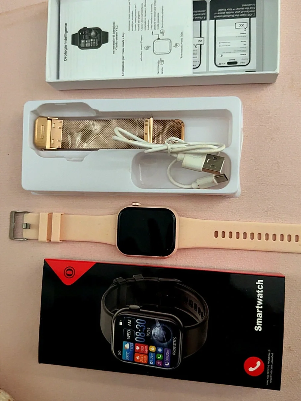 Rose Gold Smartwatch with Pink Silicone Strap & Metal Mesh Band
